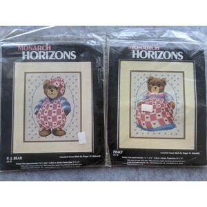2x Lot Vintage Monarch Horizons Counted Cross Stitch P.J. Bear & Pinky Country